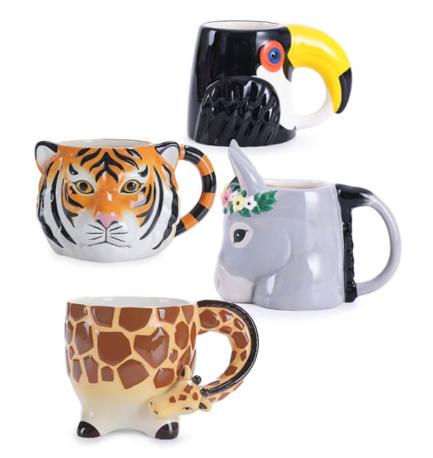 Four Jungle Animal Shaped Mugs